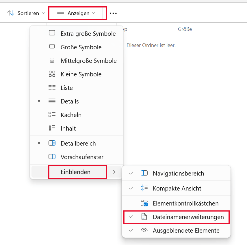 Beispiel für angezeigte Dateinamenerweiterungen in Windows
