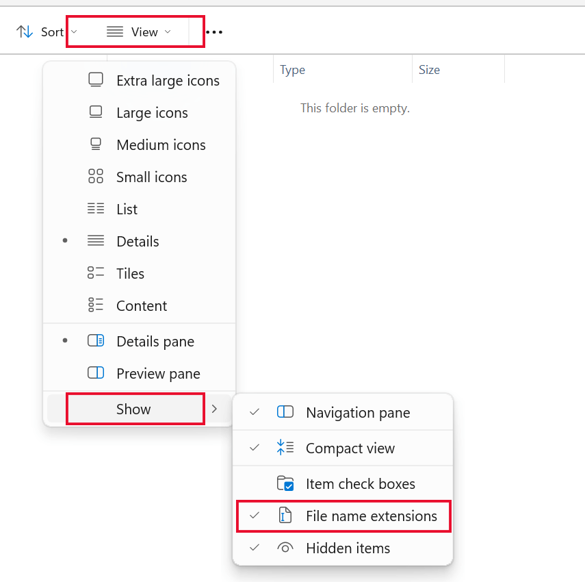 Example of showing file extensions in Windows