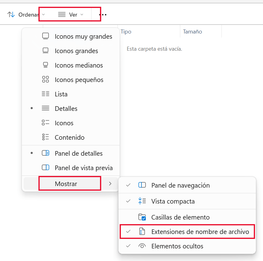 Ejemplo de cómo mostrar extensiones de archivo en Windows