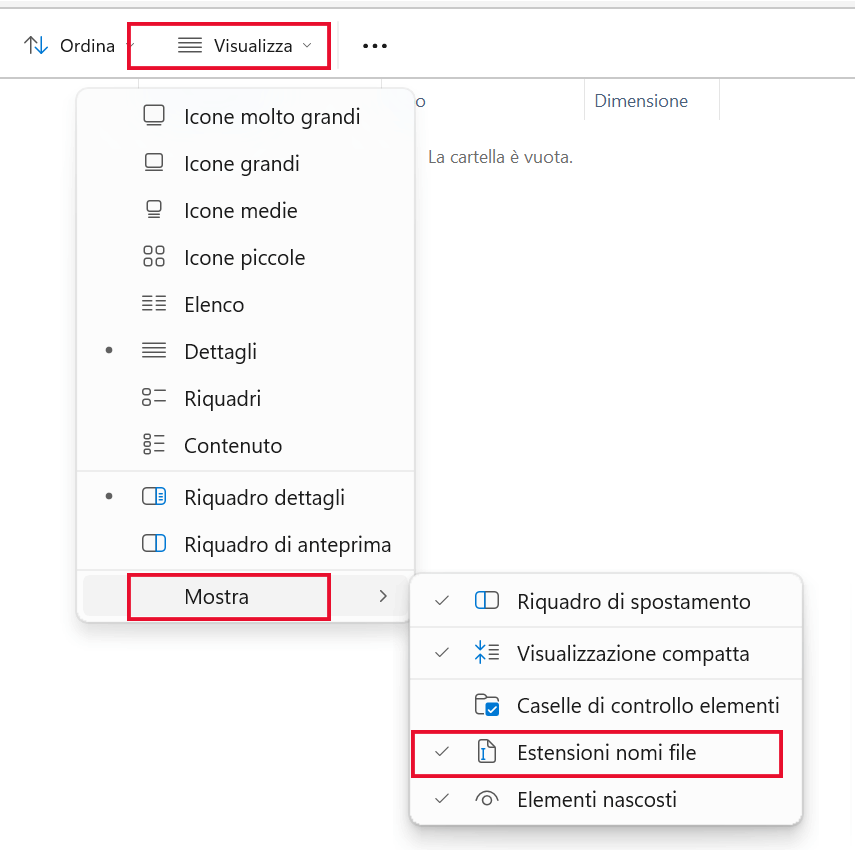 Esempio di visualizzazione delle estensioni dei file in Windows