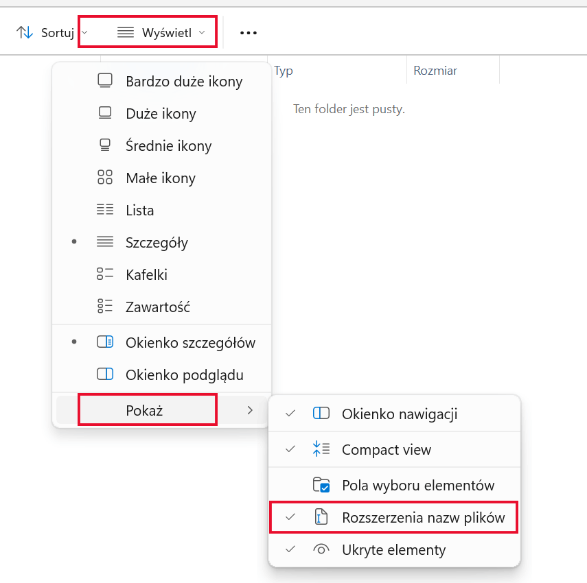 Przykład pokazywania rozszerzeń plików w Windows