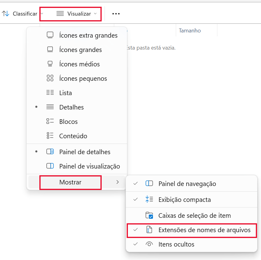 Exemplo de exibição de extensões de arquivo no Windows