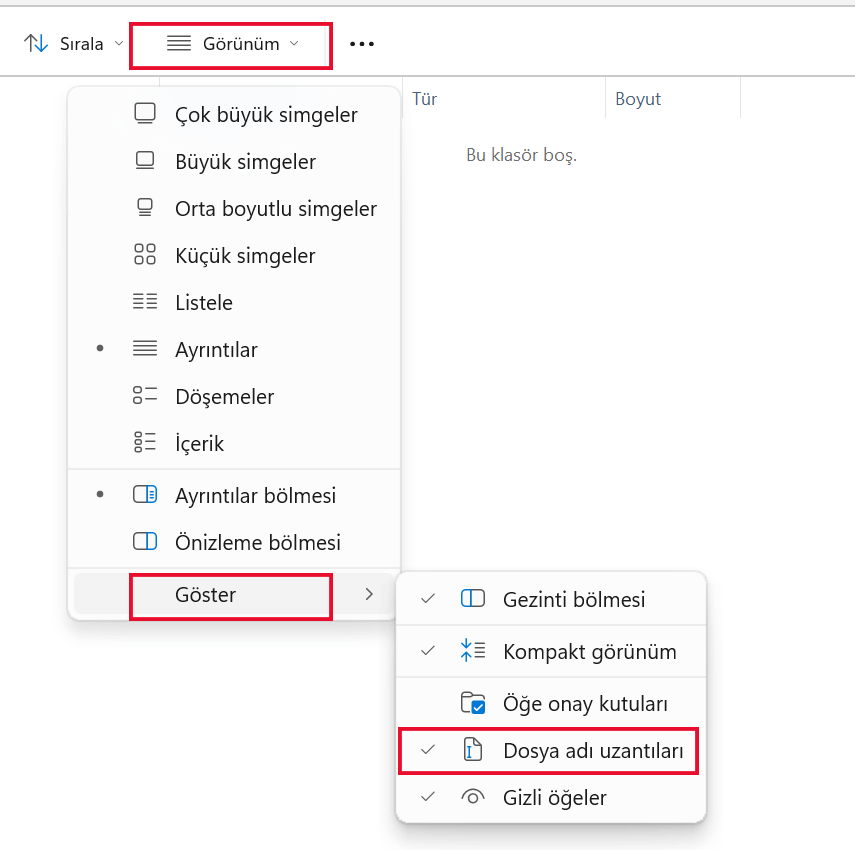 Windows içinde dosya uzantılarını gösterme örneği