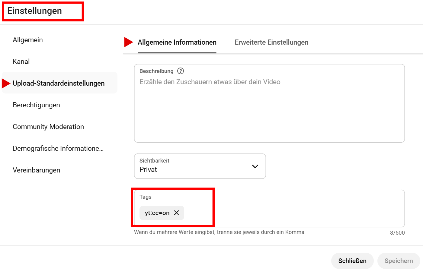Beispiel zum Hinzufügen von yt:cc=on im Feld Tags in YouTube Studio