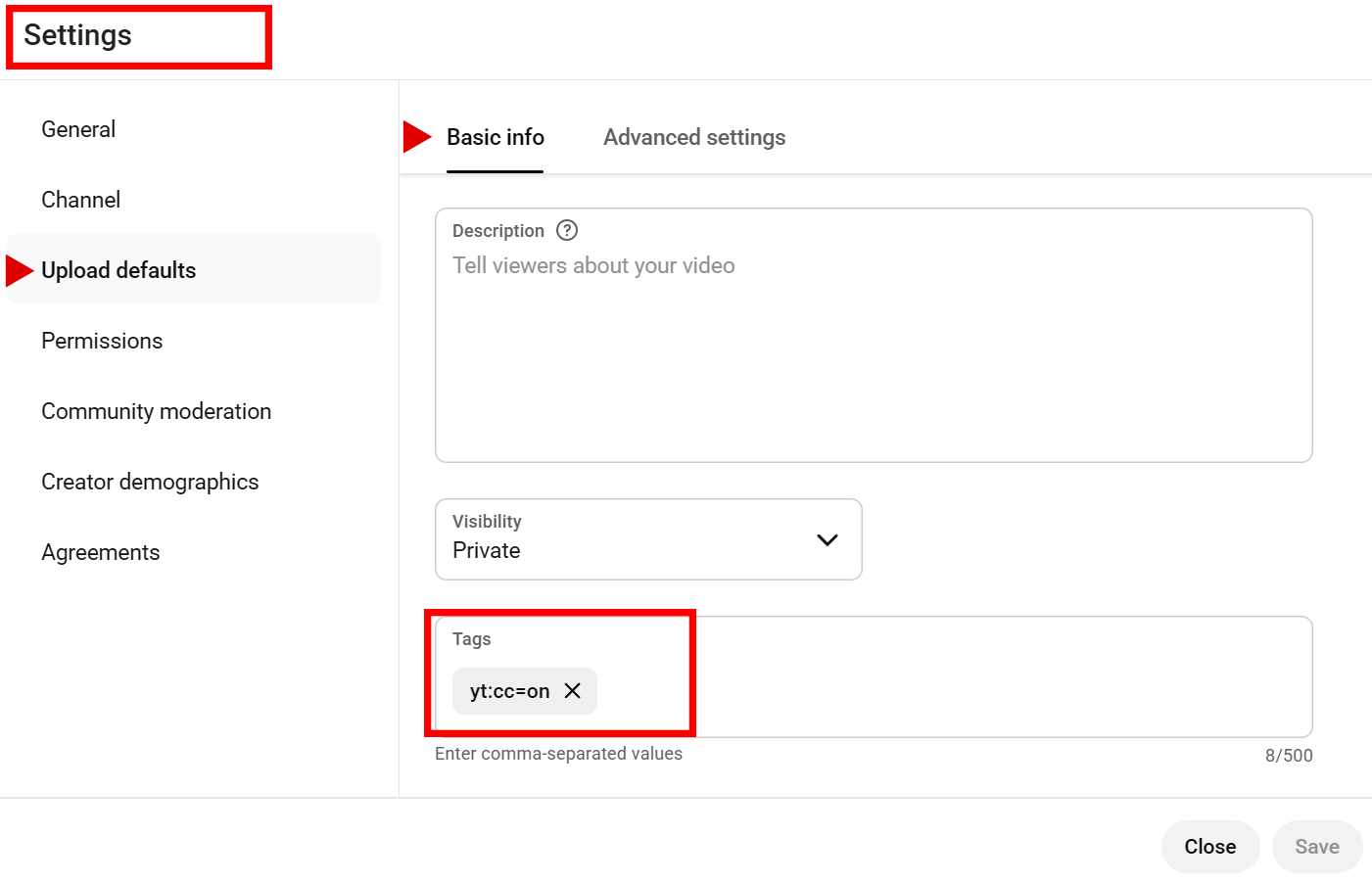 Example of adding yt:cc=on to the Tags field in YouTube Studio
