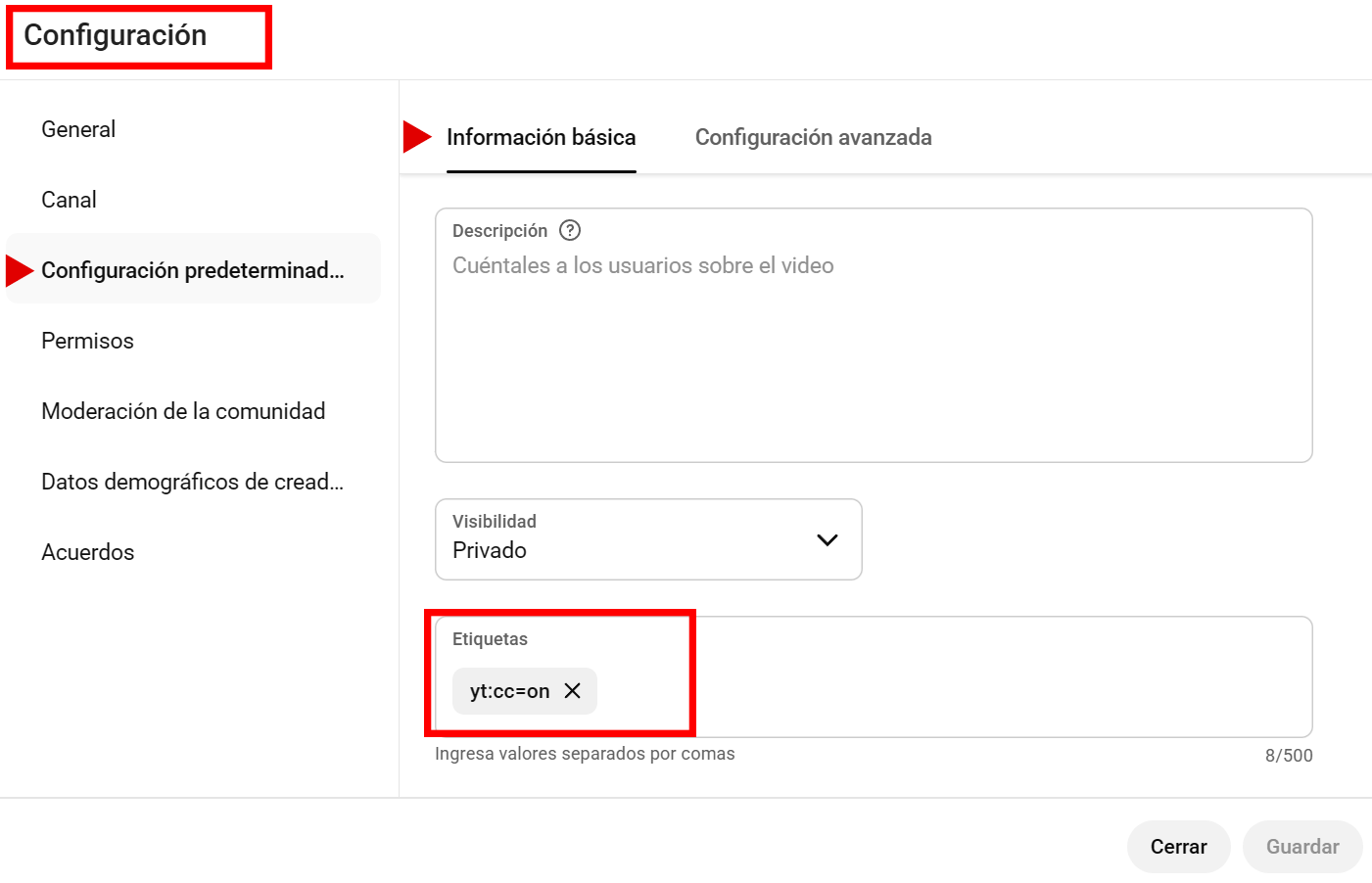 Ejemplo de cómo añadir yt:cc=on al campo Etiquetas en YouTube Studio
