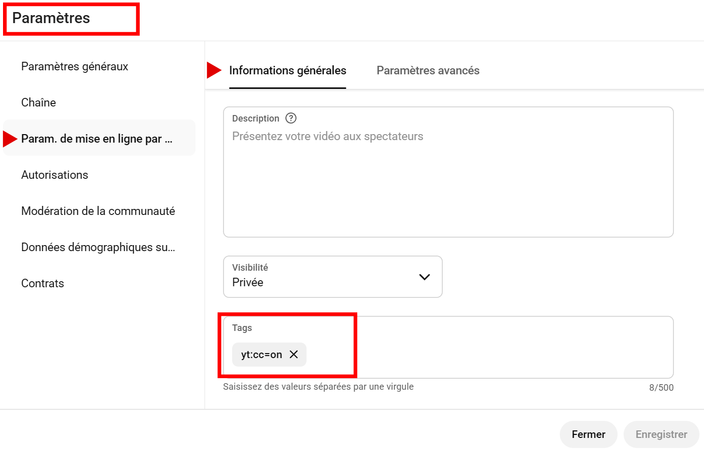 Exemple d’ajout de yt:cc=on dans le champ Tags de YouTube Studio