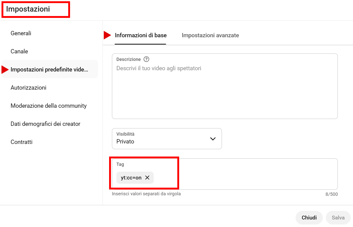 Esempio di aggiunta di yt:cc=on nel campo Tag di YouTube Studio
