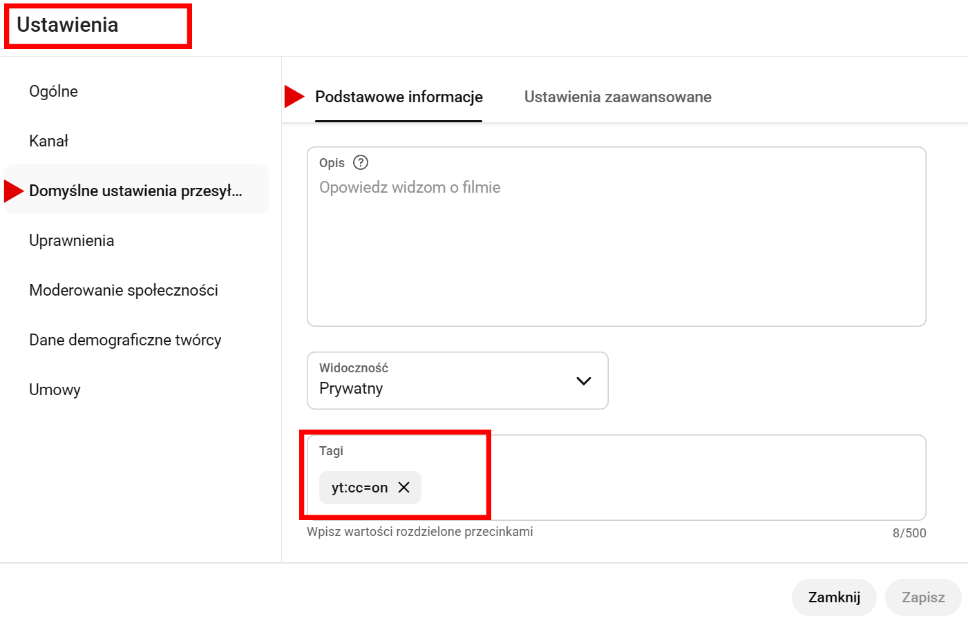 Przykład dodania yt:cc=on w polu Tagi w YouTube Studio