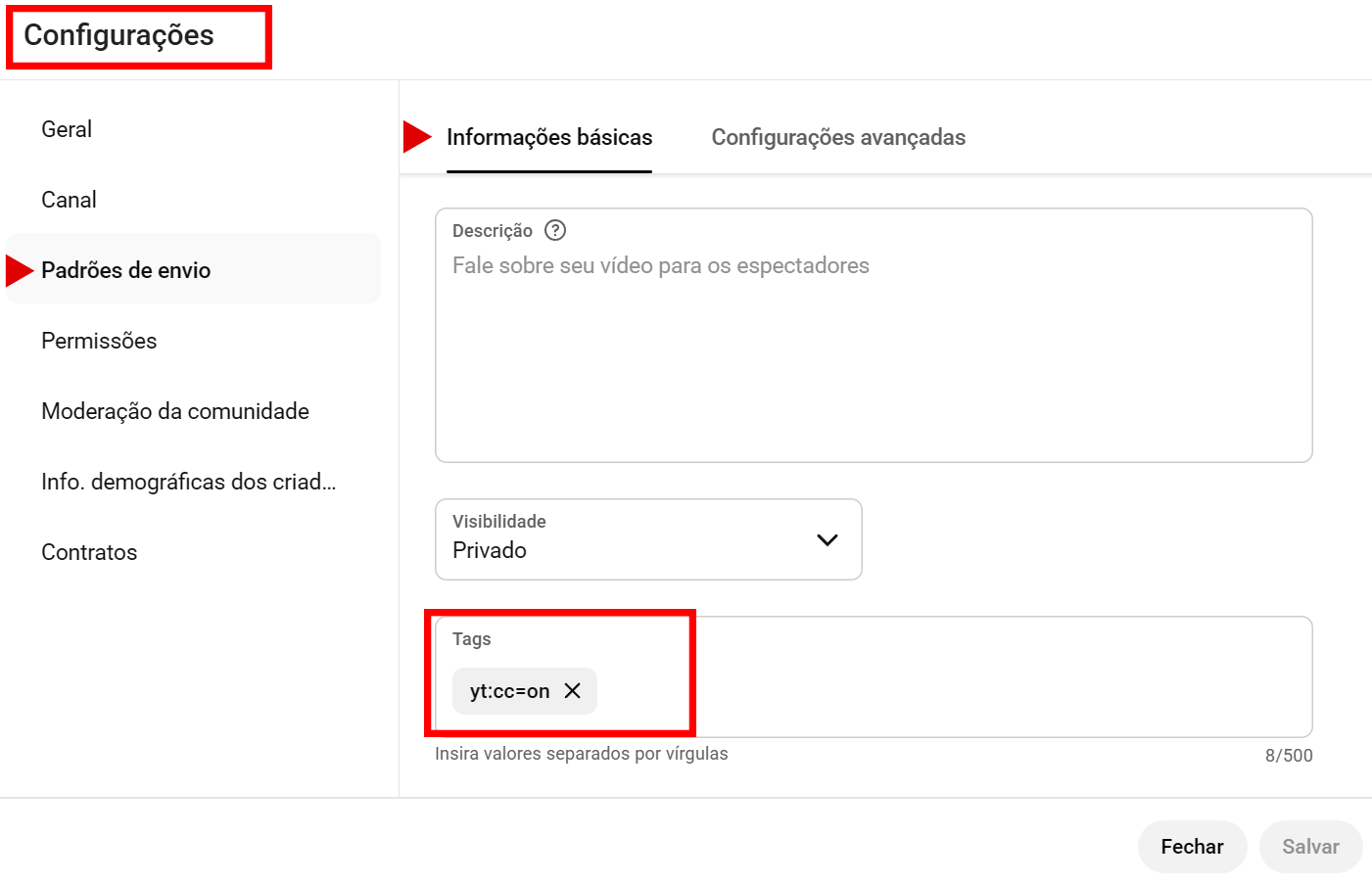 Exemplo de adição de yt:cc=on ao campo Tags no YouTube Studio