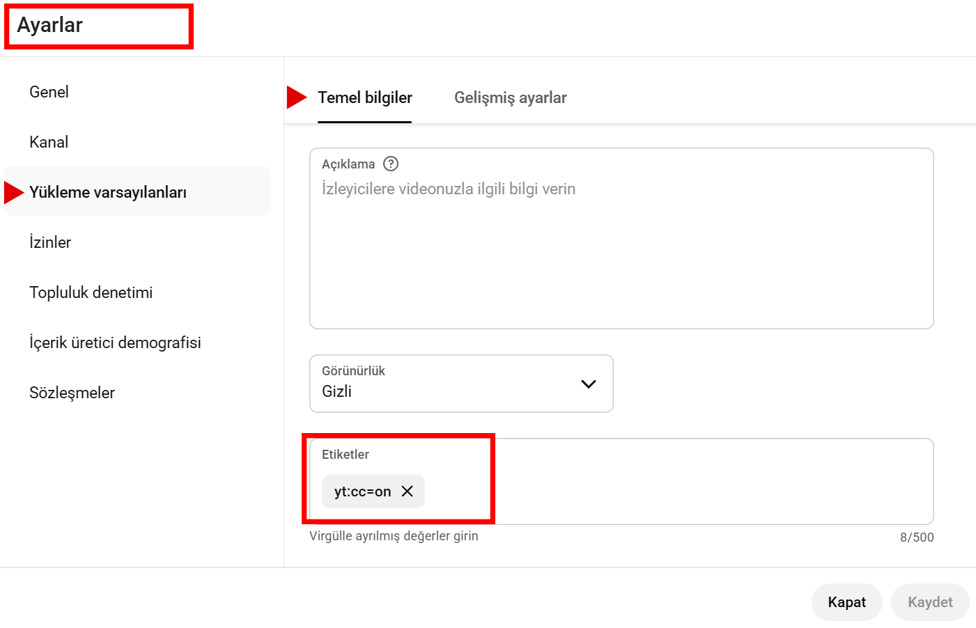YouTube Studio Etiketler alanına yt:cc=on ekleme örneği